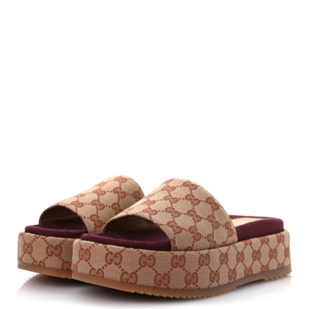 Gucci Beige and Burgundy Platform Mules